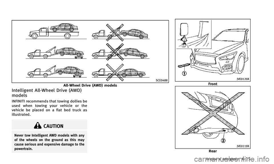 INFINITI Q50 2014 Service Manual SCE0488
All-Wheel Drive (AWD) models
Intelligent All-Wheel Drive (AWD)
models
INFINITI recommends that towing dollies be
used when towing your vehicle or the
vehicle be placed on a flat bed truck as
i
