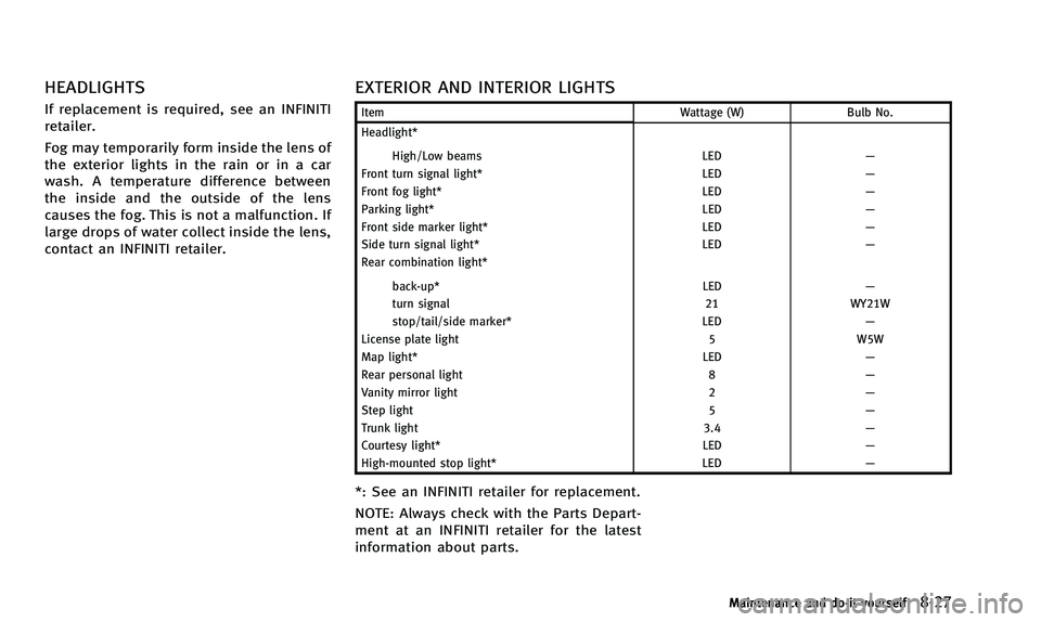 INFINITI Q50 2014 Owners Manual HEADLIGHTS
If replacement is required, see an INFINITI
retailer.
Fog may temporarily form inside the lens of
the exterior lights in the rain or in a car
wash. A temperature difference between
the insi INFINITI Q50 2014 Owners Manual HEADLIGHTS
If replacement is required, see an INFINITI
retailer.
Fog may temporarily form inside the lens of
the exterior lights in the rain or in a car
wash. A temperature difference between
the insi