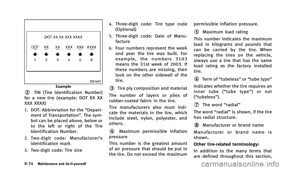 INFINITI Q50 2014 Owners Manual 8-34Maintenance and do-it-yourself
SDI1607
Example
*2TIN (Tire Identification Number)
for a new tire (example: DOT XX XX
XXX XXXX)
1.DOT: Abbreviation for the “Depart-
ment of Transportation”. The INFINITI Q50 2014 Owners Manual 8-34Maintenance and do-it-yourself
SDI1607
Example
*2TIN (Tire Identification Number)
for a new tire (example: DOT XX XX
XXX XXXX)
1.DOT: Abbreviation for the “Depart-
ment of Transportation”. The