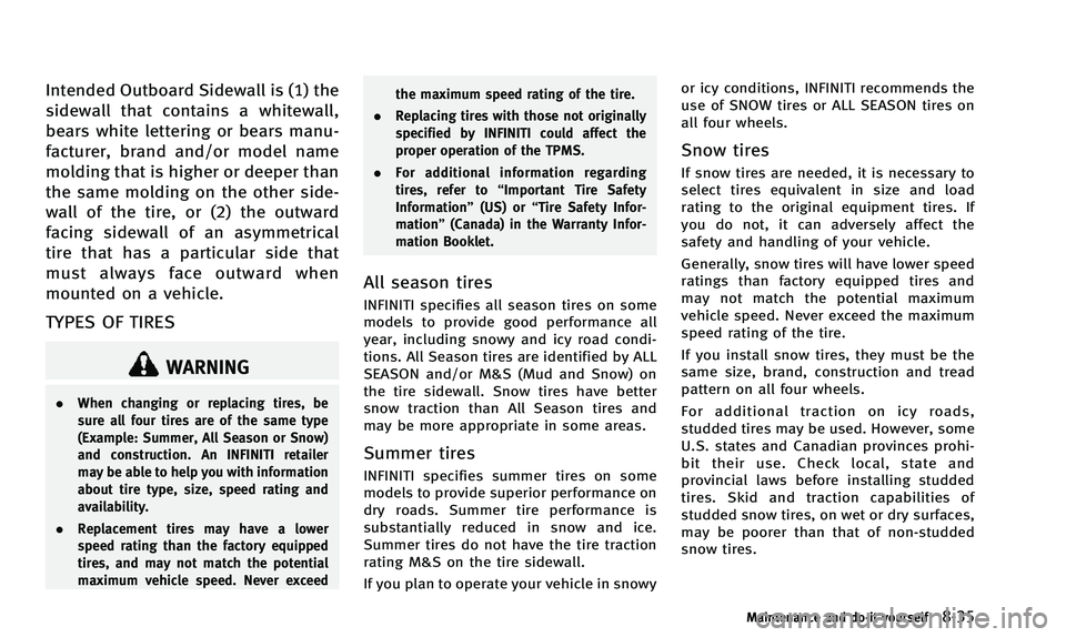 INFINITI Q50 2014 Service Manual Intended Outboard Sidewall is (1) the
sidewall that contains a whitewall,
bears white lettering or bears manu-
facturer, brand and/or model name
molding that is higher or deeper than
the same molding 