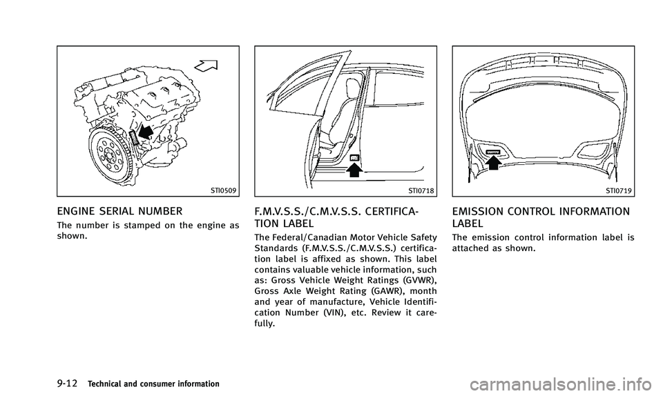 INFINITI Q50 2014 Owners Manual 9-12Technical and consumer information
STI0509
ENGINE SERIAL NUMBER
The number is stamped on the engine as
shown.
STI0718
F.M.V.S.S./C.M.V.S.S. CERTIFICA-
TION LABEL
The Federal/Canadian Motor Vehicle INFINITI Q50 2014 Owners Manual 9-12Technical and consumer information
STI0509
ENGINE SERIAL NUMBER
The number is stamped on the engine as
shown.
STI0718
F.M.V.S.S./C.M.V.S.S. CERTIFICA-
TION LABEL
The Federal/Canadian Motor Vehicle