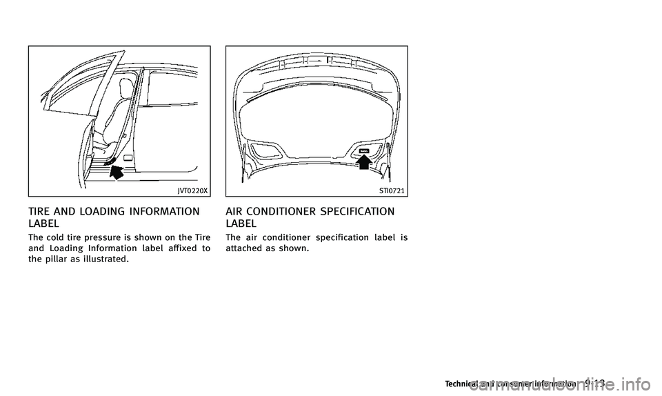 INFINITI Q50 2014 Owners Manual JVT0220X
TIRE AND LOADING INFORMATION
LABEL
The cold tire pressure is shown on the Tire
and Loading Information label affixed to
the pillar as illustrated.
STI0721
AIR CONDITIONER SPECIFICATION
LABEL
INFINITI Q50 2014 Owners Manual JVT0220X
TIRE AND LOADING INFORMATION
LABEL
The cold tire pressure is shown on the Tire
and Loading Information label affixed to
the pillar as illustrated.
STI0721
AIR CONDITIONER SPECIFICATION
LABEL