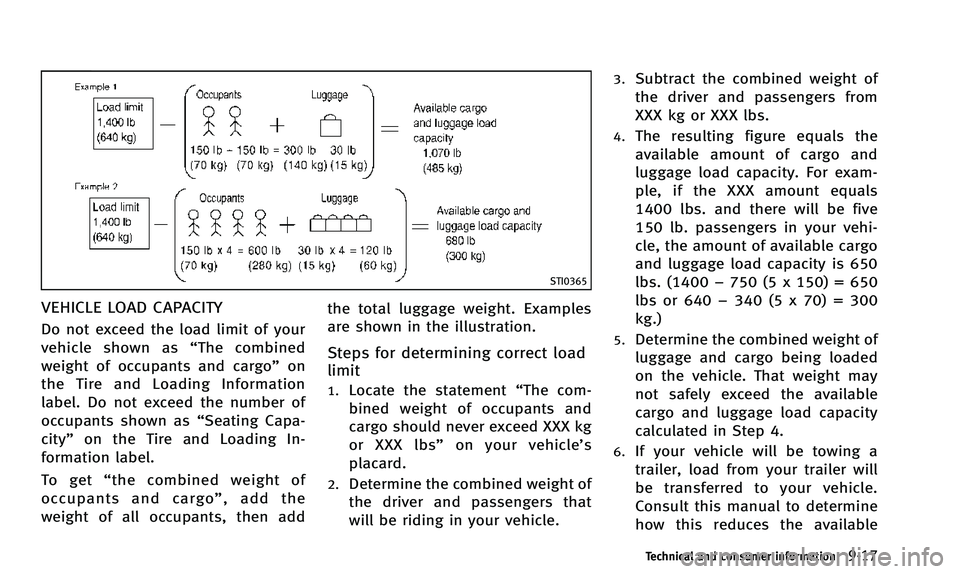 INFINITI Q50 2014 Owners Manual STI0365
VEHICLE LOAD CAPACITY
Do not exceed the load limit of your
vehicle shown as“The combined
weight of occupants and cargo” on
the Tire and Loading Information
label. Do not exceed the number INFINITI Q50 2014 Owners Manual STI0365
VEHICLE LOAD CAPACITY
Do not exceed the load limit of your
vehicle shown as“The combined
weight of occupants and cargo” on
the Tire and Loading Information
label. Do not exceed the number