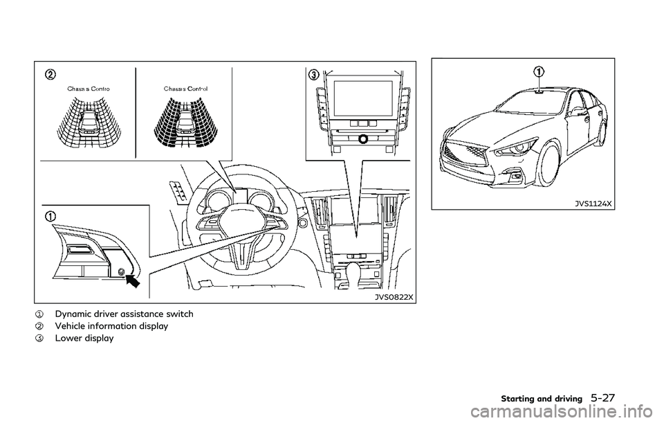 INFINITI Q50 2018 Owners Manual JVS0822X
Dynamic driver assistance switch
Vehicle information display
Lower display
JVS1124X
Starting and driving5-27 INFINITI Q50 2018 Owners Manual JVS0822X
Dynamic driver assistance switch
Vehicle information display
Lower display
JVS1124X
Starting and driving5-27