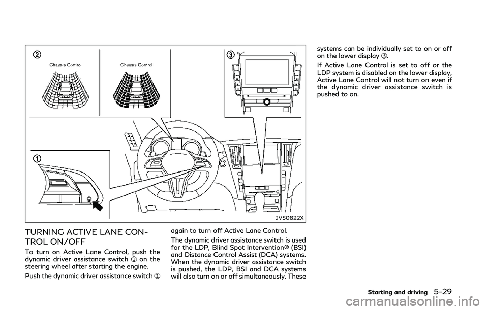 INFINITI Q50 2018  Owners Manual JVS0822X
TURNING ACTIVE LANE CON-
TROL ON/OFF
To turn on Active Lane Control, push the
dynamic driver assistance switchon the
steering wheel after starting the engine.
Push the dynamic driver assistan