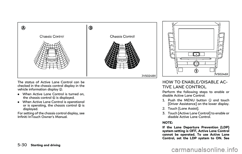 INFINITI Q50 2018  Owners Manual 5-30Starting and driving
JVS0248X
The status of Active Lane Control can be
checked in the chassis control display in the
vehicle information display
.
. When Active Lane Control is turned on,
the chas