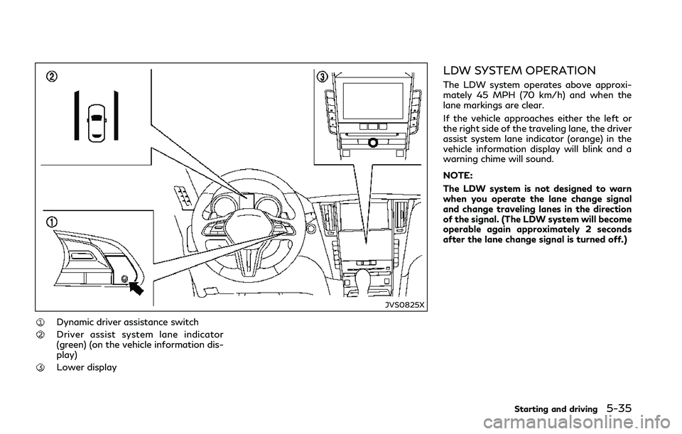 INFINITI Q50 2018  Owners Manual JVS0825X
Dynamic driver assistance switch
Driver assist system lane indicator
(green) (on the vehicle information dis-
play)
Lower display
LDW SYSTEM OPERATION
The LDW system operates above approxi-
m