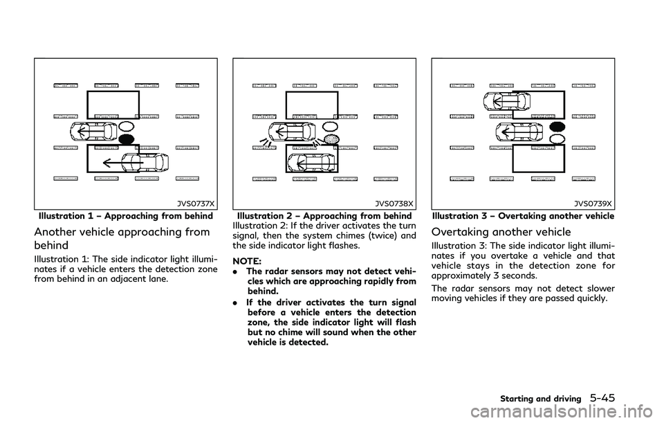 INFINITI Q50 2018  Owners Manual JVS0737X
Illustration 1 – Approaching from behind
Another vehicle approaching from
behind
Illustration 1: The side indicator light illumi-
nates if a vehicle enters the detection zone
from behind in