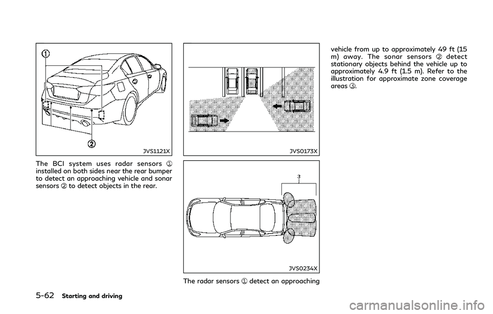 INFINITI Q50 2018  Owners Manual 5-62Starting and driving
JVS1121X
The BCI system uses radar sensorsinstalled on both sides near the rear bumper
to detect an approaching vehicle and sonar
sensors
to detect objects in the rear.
JVS017