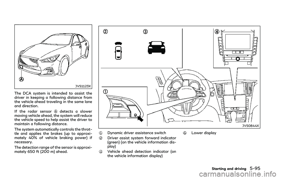 INFINITI Q50 2018 Owners Manual JVS1123X
The DCA system is intended to assist the
driver in keeping a following distance from
the vehicle ahead traveling in the same lane
and direction.
If the radar sensor
detects a slower
moving ve INFINITI Q50 2018 Owners Manual JVS1123X
The DCA system is intended to assist the
driver in keeping a following distance from
the vehicle ahead traveling in the same lane
and direction.
If the radar sensor
detects a slower
moving ve