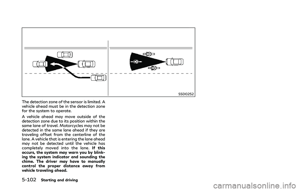 INFINITI Q50 2018 Owners Manual 5-102Starting and driving
SSD0252
The detection zone of the sensor is limited. A
vehicle ahead must be in the detection zone
for the system to operate.
A vehicle ahead may move outside of the
detectio INFINITI Q50 2018 Owners Manual 5-102Starting and driving
SSD0252
The detection zone of the sensor is limited. A
vehicle ahead must be in the detection zone
for the system to operate.
A vehicle ahead may move outside of the
detectio