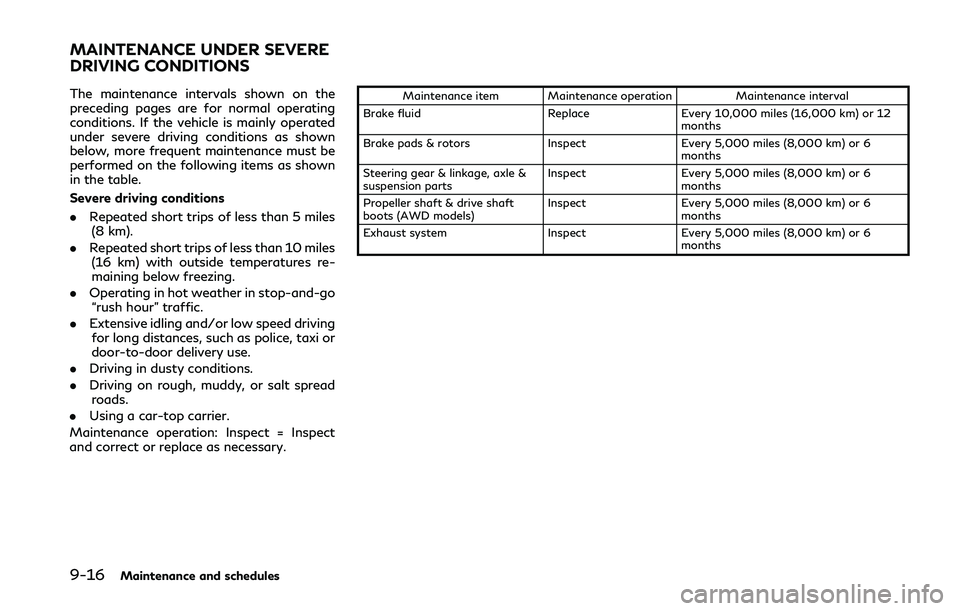INFINITI Q50 2018  Owners Manual 9-16Maintenance and schedules
The maintenance intervals shown on the
preceding pages are for normal operating
conditions. If the vehicle is mainly operated
under severe driving conditions as shown
bel