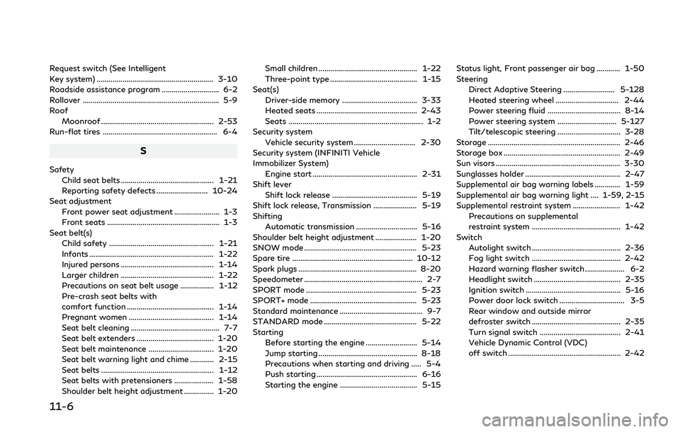INFINITI Q50 2018 Owners Manual 11-6
Request switch (See Intelligent
Key system) ........................................................... 3-10
Roadside assistance program ............................. 6-2
Rollover ............... INFINITI Q50 2018 Owners Manual 11-6
Request switch (See Intelligent
Key system) ........................................................... 3-10
Roadside assistance program ............................. 6-2
Rollover ...............