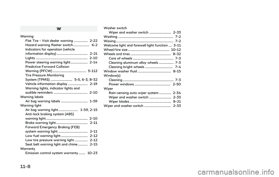 INFINITI Q50 2018 Owners Manual 11-8
W
WarningFlat Tire - Visit dealer warning ................. 2-22
Hazard warning flasher switch .................... 6-2
Indicators for operation (vehicle
information display) .................... INFINITI Q50 2018 Owners Manual 11-8
W
WarningFlat Tire - Visit dealer warning ................. 2-22
Hazard warning flasher switch .................... 6-2
Indicators for operation (vehicle
information display) ....................