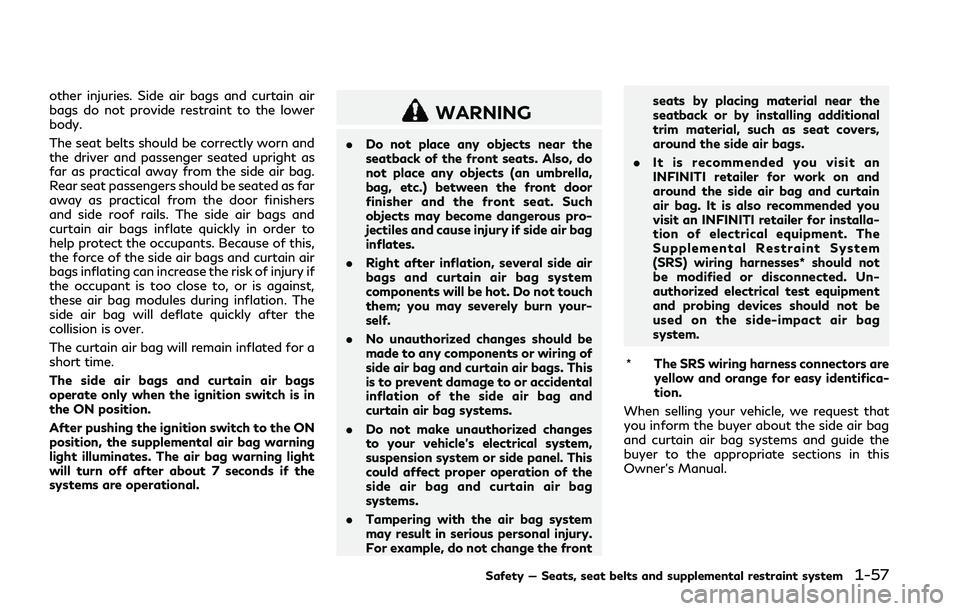 INFINITI Q50 2018 Manual PDF other injuries. Side air bags and curtain air
bags do not provide restraint to the lower
body.
The seat belts should be correctly worn and
the driver and passenger seated upright as
far as practical a INFINITI Q50 2018 Manual PDF other injuries. Side air bags and curtain air
bags do not provide restraint to the lower
body.
The seat belts should be correctly worn and
the driver and passenger seated upright as
far as practical a