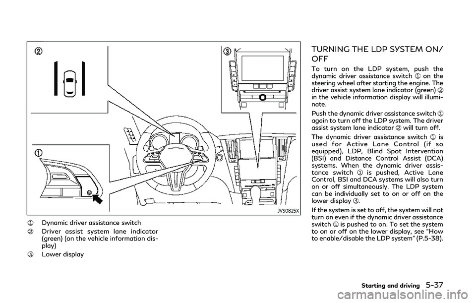 INFINITI Q50 2019  Owners Manual JVS0825X
Dynamic driver assistance switch
Driver assist system lane indicator
(green) (on the vehicle information dis-
play)
Lower display
TURNING THE LDP SYSTEM ON/
OFF
To turn on the LDP system, pus