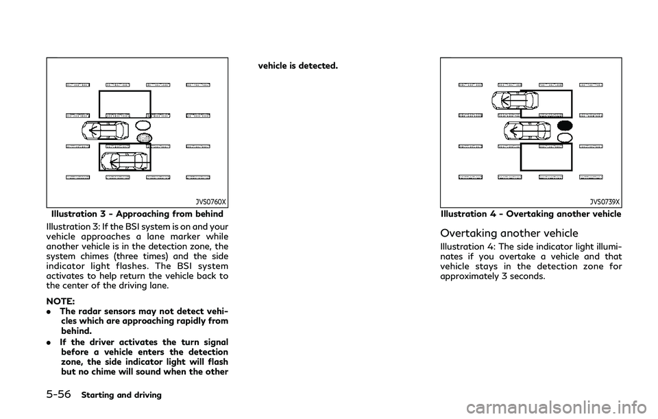 INFINITI Q50 2019  Owners Manual 5-56Starting and driving
JVS0760X
Illustration 3 - Approaching from behind
Illustration 3: If the BSI system is on and your
vehicle approaches a lane marker while
another vehicle is in the detection z