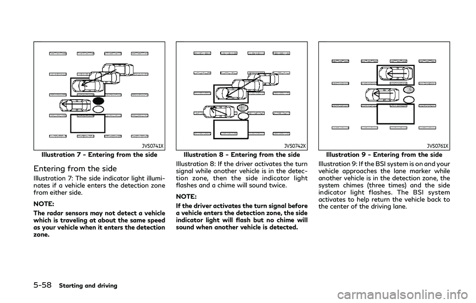 INFINITI Q50 2019 Owners Manual 5-58Starting and driving
JVS0741X
Illustration 7 - Entering from the side
Entering from the side
Illustration 7: The side indicator light illumi-
nates if a vehicle enters the detection zone
from eith INFINITI Q50 2019 Owners Manual 5-58Starting and driving
JVS0741X
Illustration 7 - Entering from the side
Entering from the side
Illustration 7: The side indicator light illumi-
nates if a vehicle enters the detection zone
from eith