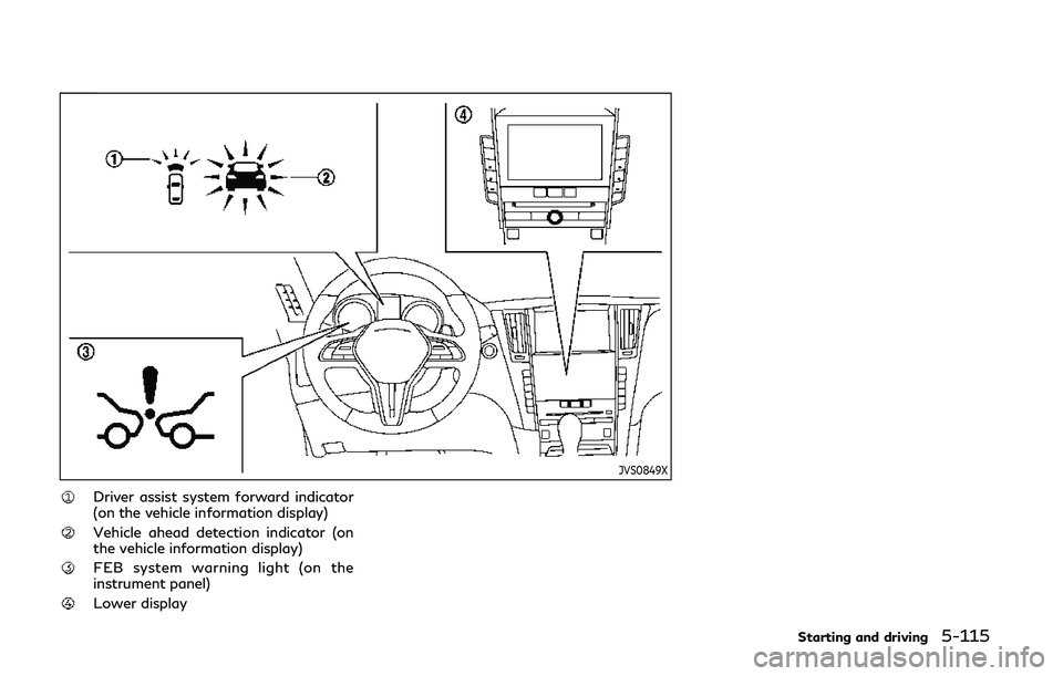 INFINITI Q50 2019 Owners Manual JVS0849X
Driver assist system forward indicator
(on the vehicle information display)
Vehicle ahead detection indicator (on
the vehicle information display)
FEB system warning light (on the
instrument INFINITI Q50 2019 Owners Manual JVS0849X
Driver assist system forward indicator
(on the vehicle information display)
Vehicle ahead detection indicator (on
the vehicle information display)
FEB system warning light (on the
instrument