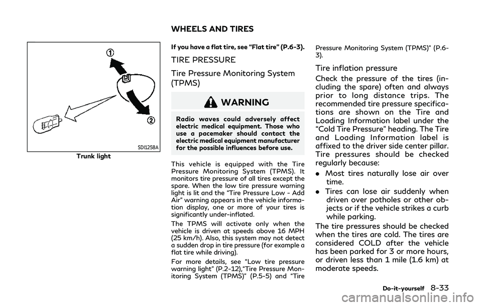 INFINITI Q50 2019 Owners Manual SDI1258A
Trunk lightIf you have a flat tire, see “Flat tire” (P.6-3).
TIRE PRESSURE
Tire Pressure Monitoring System
(TPMS)
WARNING
Radio waves could adversely affect
electric medical equipment. Th