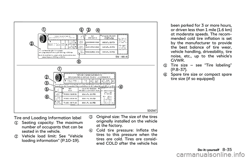 INFINITI Q50 2019  Owners Manual SDI2567
Tire and Loading Information label
Seating capacity: The maximum
number of occupants that can be
seated in the vehicle.
Vehicle load limit: See “Vehicle
loading information” (P.10-19).
Ori