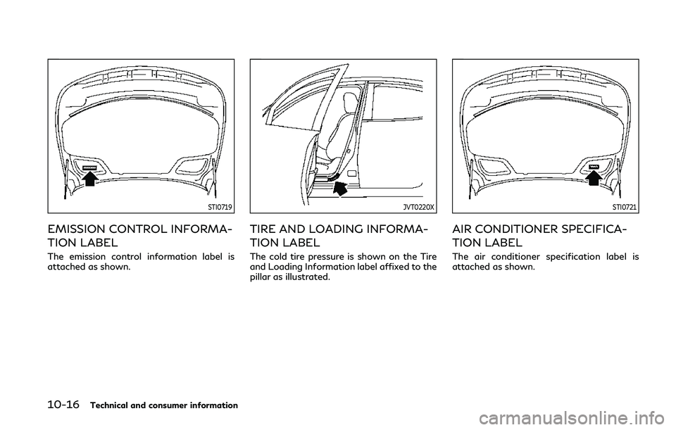 INFINITI Q50 2019  Owners Manual 10-16Technical and consumer information
STI0719
EMISSION CONTROL INFORMA-
TION LABEL
The emission control information label is
attached as shown.
JVT0220X
TIRE AND LOADING INFORMA-
TION LABEL
The cold