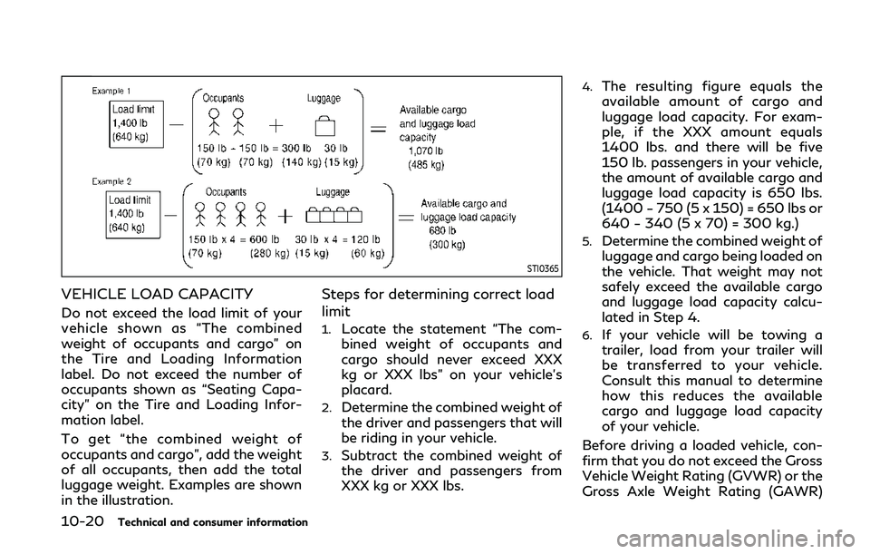 INFINITI Q50 2019  Owners Manual 10-20Technical and consumer information
STI0365
VEHICLE LOAD CAPACITY
Do not exceed the load limit of your
vehicle shown as “The combined
weight of occupants and cargo” on
the Tire and Loading Inf