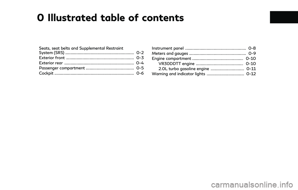 INFINITI Q50 2019 Owners Manual 0 Illustrated table of contents
Seats, seat belts and Supplemental Restraint
System (SRS) ...................................................................... 0-2
Exterior front .................... INFINITI Q50 2019 Owners Manual 0 Illustrated table of contents
Seats, seat belts and Supplemental Restraint
System (SRS) ...................................................................... 0-2
Exterior front ....................
