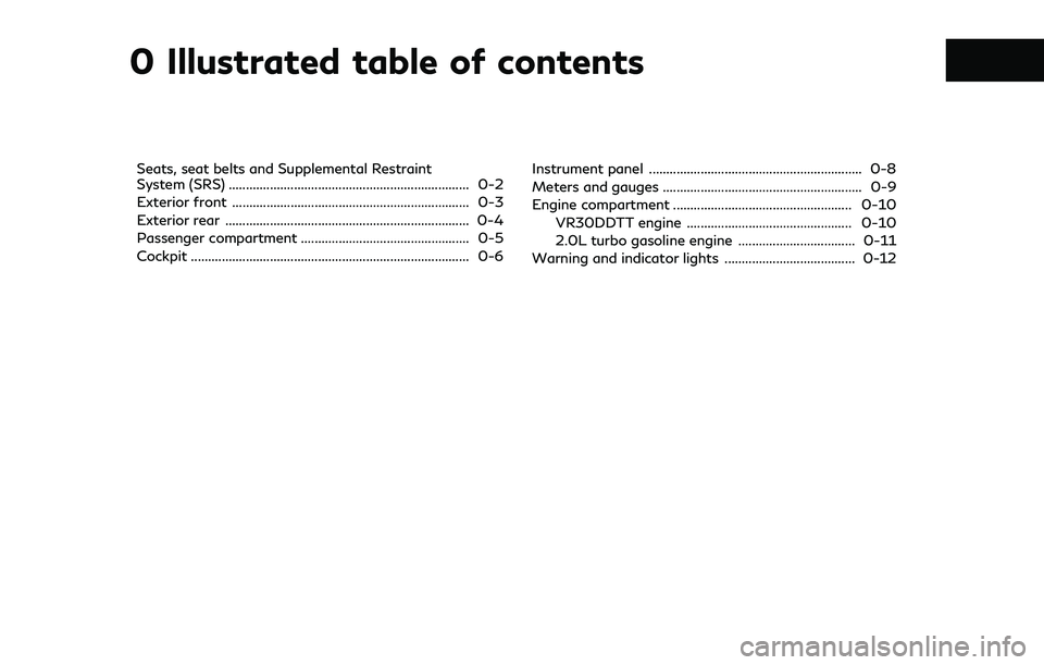 INFINITI Q50 2019  Owners Manual 0 Illustrated table of contents
Seats, seat belts and Supplemental Restraint
System (SRS) ...................................................................... 0-2
Exterior front ....................