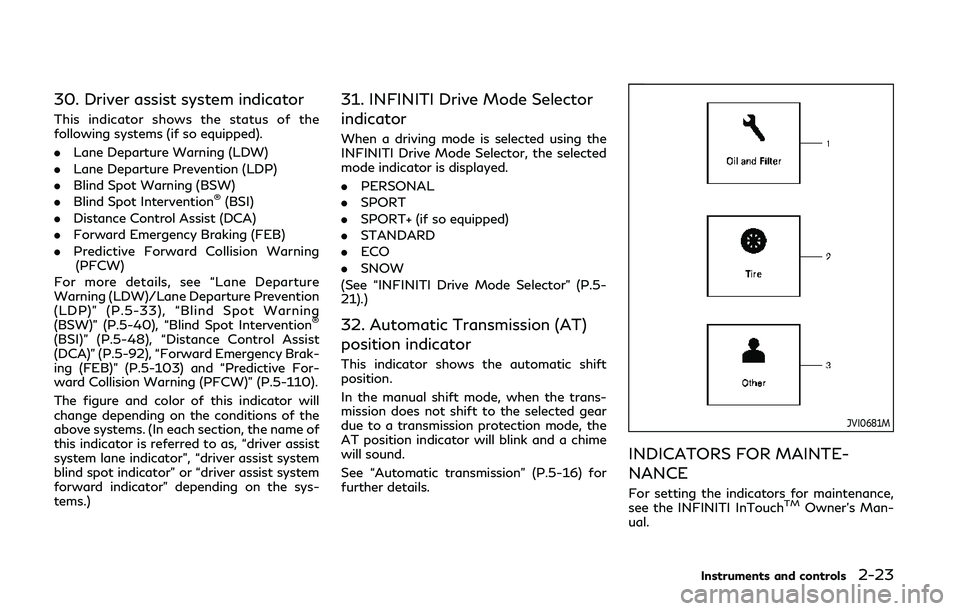 INFINITI Q50 2020 Owners Manual 30. Driver assist system indicator
This indicator shows the status of the
following systems (if so equipped).
.Lane Departure Warning (LDW)
. Lane Departure Prevention (LDP)
. Blind Spot Warning (BSW) INFINITI Q50 2020 Owners Manual 30. Driver assist system indicator
This indicator shows the status of the
following systems (if so equipped).
.Lane Departure Warning (LDW)
. Lane Departure Prevention (LDP)
. Blind Spot Warning (BSW)