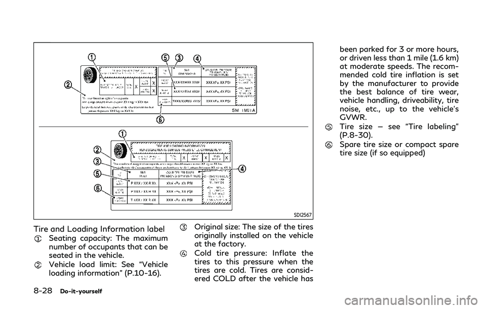 INFINITI Q50 2020 Owners Manual 8-28Do-it-yourself
SDI2567
Tire and Loading Information label
Seating capacity: The maximum
number of occupants that can be
seated in the vehicle.
Vehicle load limit: See âVehicle
loading informatio INFINITI Q50 2020 Owners Manual 8-28Do-it-yourself
SDI2567
Tire and Loading Information label
Seating capacity: The maximum
number of occupants that can be
seated in the vehicle.
Vehicle load limit: See âVehicle
loading informatio