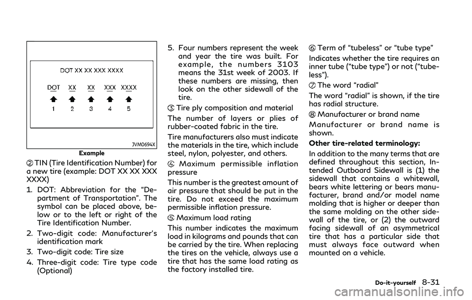INFINITI Q50 2020 User Guide JVM0694X
Example
TIN (Tire Identification Number) for
a new tire (example: DOT XX XX XXX
XXXX)
1. DOT: Abbreviation for the “De- partment of Transportation”. The
symbol can be placed above, be-
lo INFINITI Q50 2020 User Guide JVM0694X
Example
TIN (Tire Identification Number) for
a new tire (example: DOT XX XX XXX
XXXX)
1. DOT: Abbreviation for the “De- partment of Transportation”. The
symbol can be placed above, be-
lo