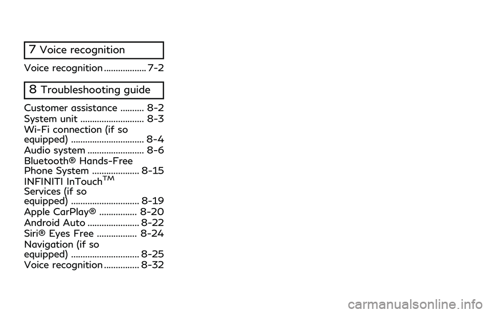 INFINITI Q50 2022  Owners Manual 7Voice recognition
Voice recognition .................. 7-2
8Troubleshooting guide
Customer assistance .......... 8-2
System unit ........................... 8-3
Wi-Fi connection (if so
equipped) ....