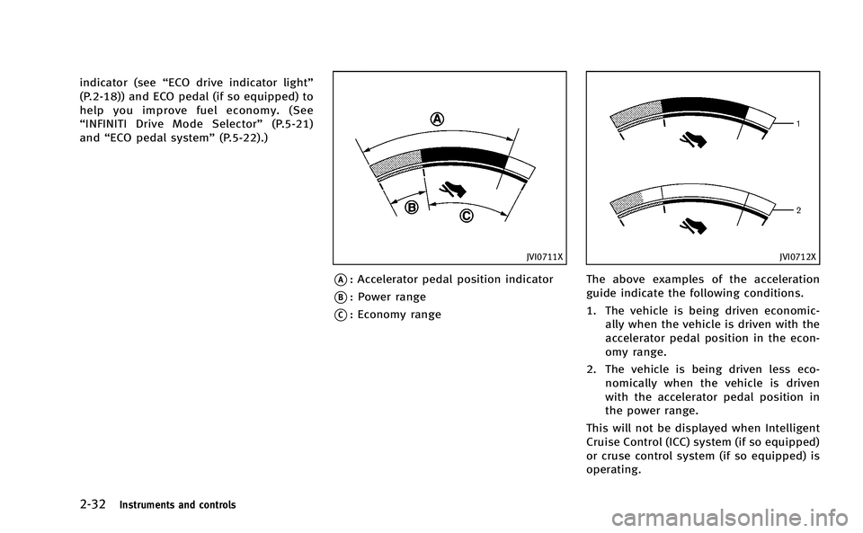 INFINITI Q50-HYBRID 2014 Owners Manual 2-32Instruments and controls
indicator (see“ECO drive indicator light”
(P.2-18)) and ECO pedal (if so equipped) to
help you improve fuel economy. (See
“ INFINITI Drive Mode Selector” (P.5-21)
INFINITI Q50-HYBRID 2014 Owners Manual 2-32Instruments and controls
indicator (see“ECO drive indicator light”
(P.2-18)) and ECO pedal (if so equipped) to
help you improve fuel economy. (See
“ INFINITI Drive Mode Selector” (P.5-21)