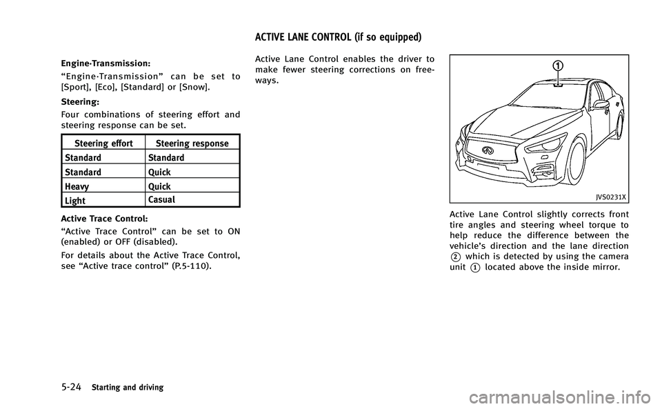 INFINITI Q50-HYBRID 2014 Owners Guide 5-24Starting and driving
Engine·Transmission:
“Engine·Transmission” can be set to
[Sport], [Eco], [Standard] or [Snow].
Steering:
Four combinations of steering effort and
steering response can b