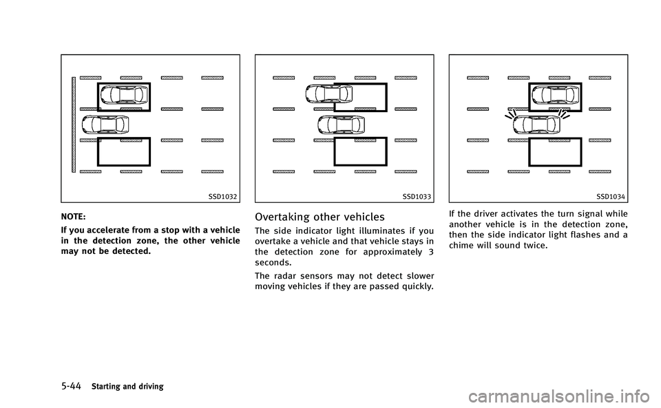 INFINITI Q50-HYBRID 2014 Owners Manual 5-44Starting and driving
SSD1032
NOTE:
If you accelerate from a stop with a vehicle
in the detection zone, the other vehicle
may not be detected.
SSD1033
Overtaking other vehicles
The side indicator l INFINITI Q50-HYBRID 2014 Owners Manual 5-44Starting and driving
SSD1032
NOTE:
If you accelerate from a stop with a vehicle
in the detection zone, the other vehicle
may not be detected.
SSD1033
Overtaking other vehicles
The side indicator l