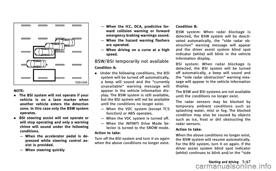 INFINITI Q50-HYBRID 2014 Owners Manual SSD1040
NOTE:
.The BSI system will not operate if your
vehicle is on a lane marker when
another vehicle enters the detection
zone. In this case only the BSW system
operates.
. BSI steering assist will INFINITI Q50-HYBRID 2014 Owners Manual SSD1040
NOTE:
.The BSI system will not operate if your
vehicle is on a lane marker when
another vehicle enters the detection
zone. In this case only the BSW system
operates.
. BSI steering assist will
