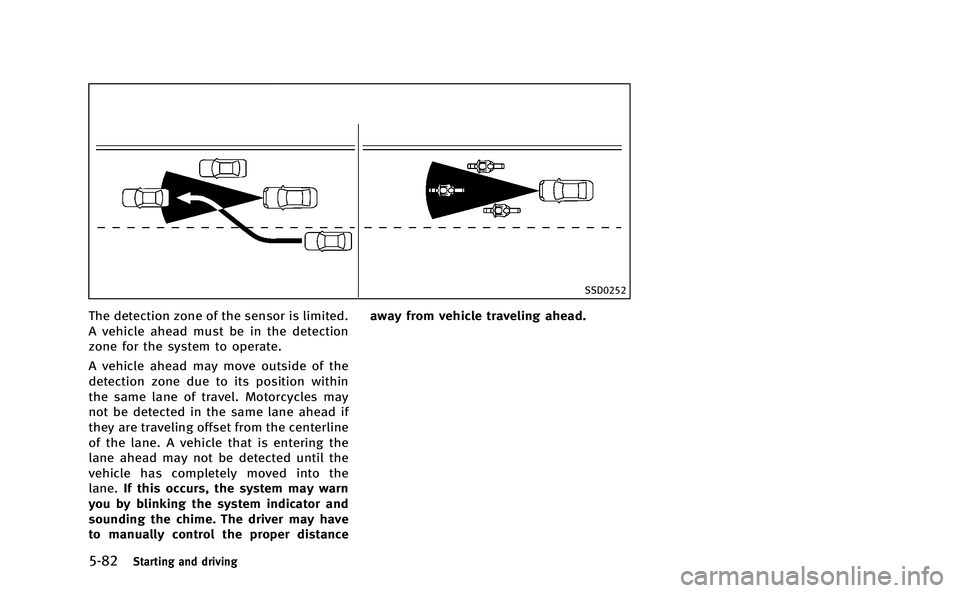 INFINITI Q50-HYBRID 2014 Service Manual 5-82Starting and driving
SSD0252
The detection zone of the sensor is limited.
A vehicle ahead must be in the detection
zone for the system to operate.
A vehicle ahead may move outside of the
detection INFINITI Q50-HYBRID 2014 Service Manual 5-82Starting and driving
SSD0252
The detection zone of the sensor is limited.
A vehicle ahead must be in the detection
zone for the system to operate.
A vehicle ahead may move outside of the
detection