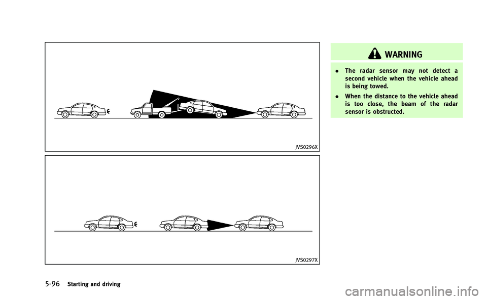 INFINITI Q50-HYBRID 2014 Workshop Manual 5-96Starting and driving
JVS0296X
JVS0297X
WARNING
.The radar sensor may not detect a
second vehicle when the vehicle ahead
is being towed.
. When the distance to the vehicle ahead
is too close, the b INFINITI Q50-HYBRID 2014 Workshop Manual 5-96Starting and driving
JVS0296X
JVS0297X
WARNING
.The radar sensor may not detect a
second vehicle when the vehicle ahead
is being towed.
. When the distance to the vehicle ahead
is too close, the b
