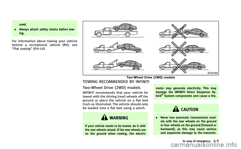 INFINITI Q50-HYBRID 2014 Repair Manual used.
. Always attach safety chains before tow-
ing.
For information about towing your vehicle
behind a recreational vehicle (RV), see
“Flat towing” (P.9-19).
SCE0788
Two-Wheel Drive (2WD) models
INFINITI Q50-HYBRID 2014 Repair Manual used.
. Always attach safety chains before tow-
ing.
For information about towing your vehicle
behind a recreational vehicle (RV), see
“Flat towing” (P.9-19).
SCE0788
Two-Wheel Drive (2WD) models