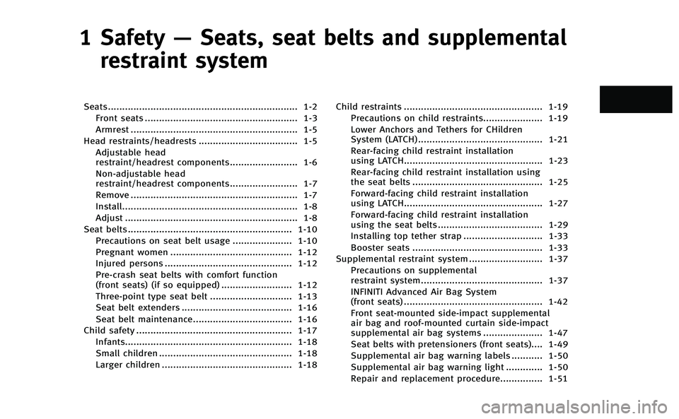 INFINITI Q50-HYBRID 2014  Owners Manual 1 Safety—Seats, seat belts and supplemental
restraint system
Seats ................................................................... 1-2
Front seats ...............................................