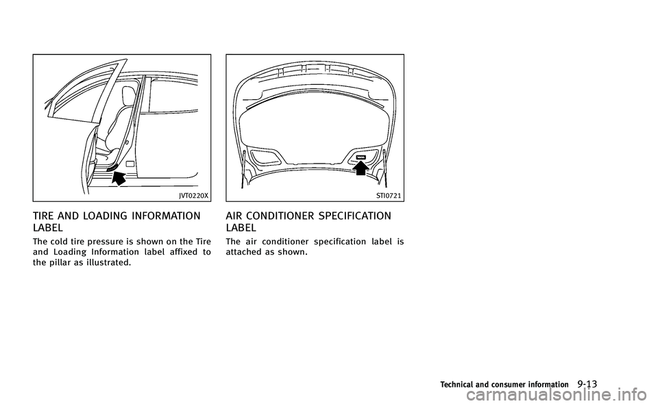 INFINITI Q50-HYBRID 2014 Owners Manual JVT0220X
TIRE AND LOADING INFORMATION
LABEL
The cold tire pressure is shown on the Tire
and Loading Information label affixed to
the pillar as illustrated.
STI0721
AIR CONDITIONER SPECIFICATION
LABEL
INFINITI Q50-HYBRID 2014 Owners Manual JVT0220X
TIRE AND LOADING INFORMATION
LABEL
The cold tire pressure is shown on the Tire
and Loading Information label affixed to
the pillar as illustrated.
STI0721
AIR CONDITIONER SPECIFICATION
LABEL