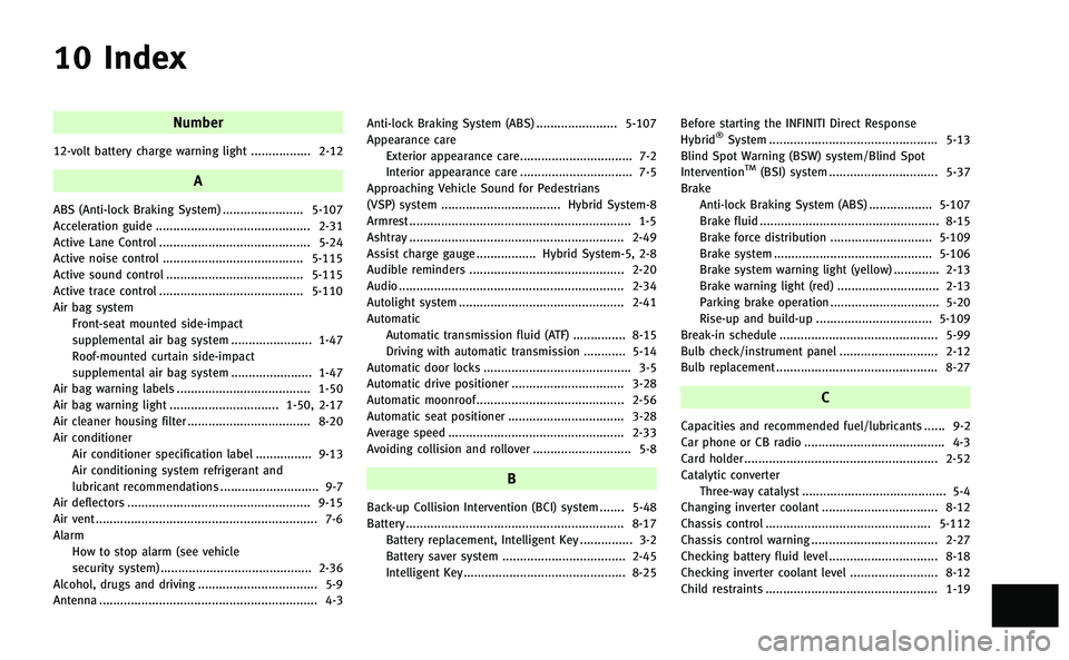 INFINITI Q50-HYBRID 2014  Owners Manual 10 Index
Number
12-volt battery charge warning light ................. 2-12
A
ABS (Anti-lock Braking System) ....................... 5-107
Acceleration guide ..........................................