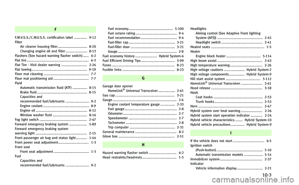 INFINITI Q50-HYBRID 2014  Owners Manual F
F.M.V.S.S./C.M.V.S.S. certification label ............. 9-12
FilterAir cleaner housing filter .............................. 8-20
Changing engine oil and filter ...................... 8-13
Flashers 