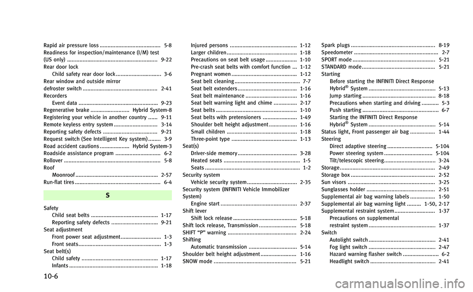 INFINITI Q50-HYBRID 2014  Owners Manual 10-6
Rapid air pressure loss ....................................... 5-8
Readiness for inspection/maintenance (I/M) test
(US only) .......................................................... 9-22Rear d