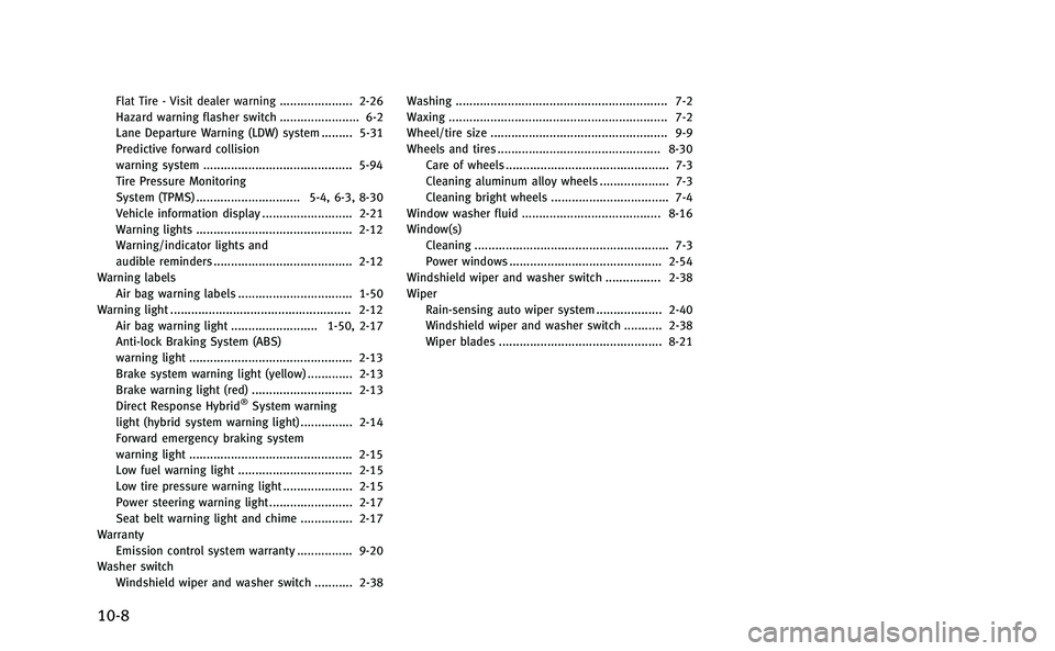 INFINITI Q50-HYBRID 2014  Owners Manual 10-8
Flat Tire - Visit dealer warning..................... 2-26
Hazard warning flasher switch ....................... 6-2
Lane Departure Warning (LDW) system ......... 5-31
Predictive forward collisio