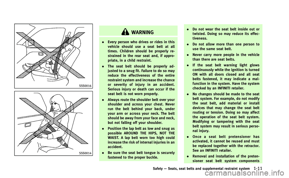 INFINITI Q50-HYBRID 2014 Service Manual SSS0016
SSS0014
WARNING
.Every person who drives or rides in this
vehicle should use a seat belt at all
times. Children should be properly re-
strained in the rear seat and, if appro-
priate, in a chi