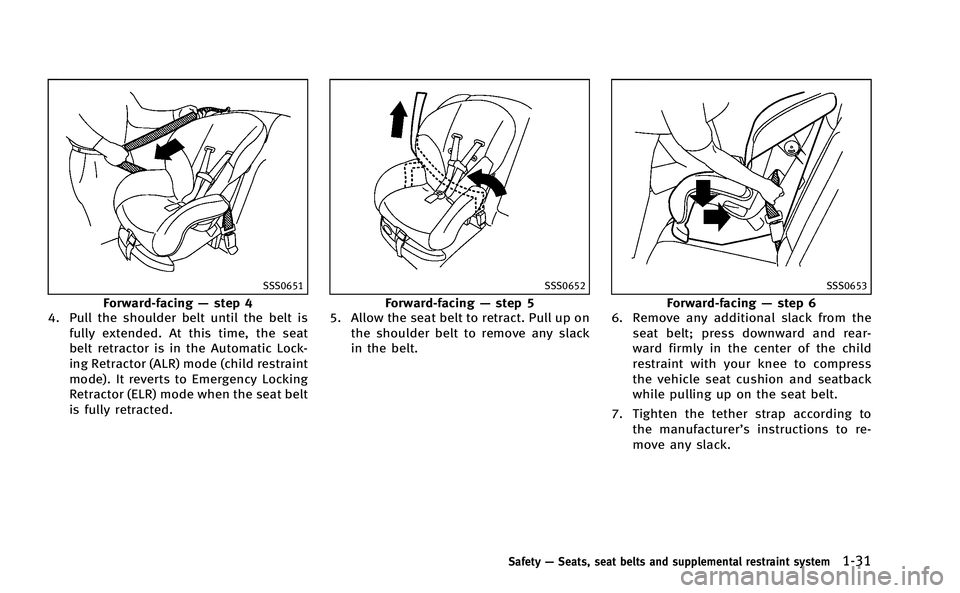 INFINITI Q50-HYBRID 2014 Repair Manual SSS0651
Forward-facing—step 4
4. Pull the shoulder belt until the belt is
fully extended. At this time, the seat
belt retractor is in the Automatic Lock-
ing Retractor (ALR) mode (child restraint
mo INFINITI Q50-HYBRID 2014 Repair Manual SSS0651
Forward-facing—step 4
4. Pull the shoulder belt until the belt is
fully extended. At this time, the seat
belt retractor is in the Automatic Lock-
ing Retractor (ALR) mode (child restraint
mo