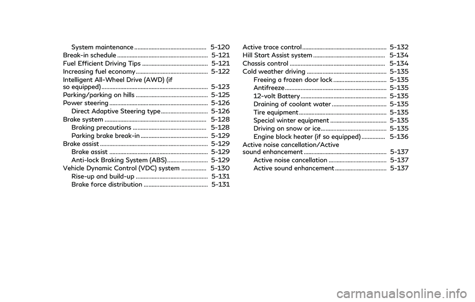 INFINITI Q50-HYBRID 2018 Owners Manual System maintenance .............................................. 5-120
Break-in schedule .......................................................... 5-121
Fuel Efficient Driving Tips ................. INFINITI Q50-HYBRID 2018 Owners Manual System maintenance .............................................. 5-120
Break-in schedule .......................................................... 5-121
Fuel Efficient Driving Tips .................