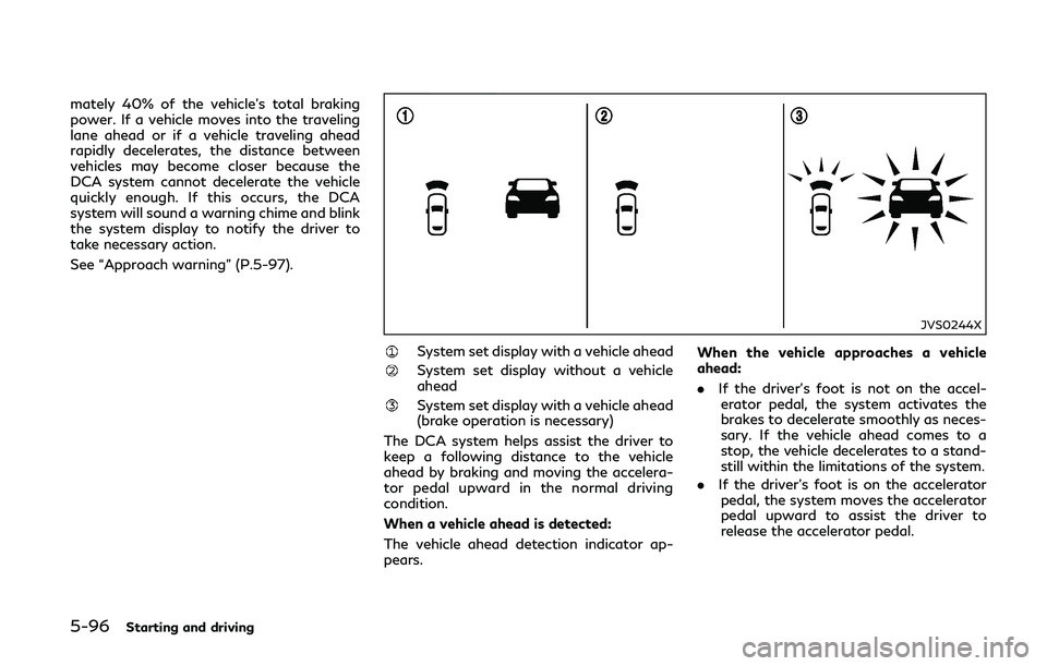 INFINITI Q50-HYBRID 2018 Service Manual 5-96Starting and driving
mately 40% of the vehicle’s total braking
power. If a vehicle moves into the traveling
lane ahead or if a vehicle traveling ahead
rapidly decelerates, the distance between
v INFINITI Q50-HYBRID 2018 Service Manual 5-96Starting and driving
mately 40% of the vehicle’s total braking
power. If a vehicle moves into the traveling
lane ahead or if a vehicle traveling ahead
rapidly decelerates, the distance between
v